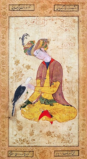 A Hunter Stroking his Falcon de Persian School