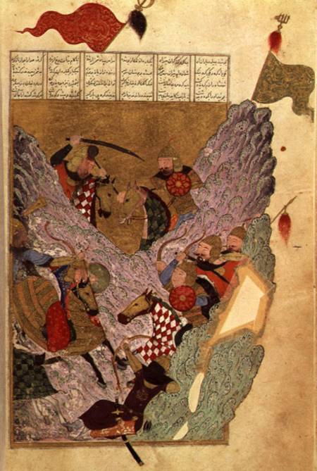 Genghis Khan (c.1162-1227) fighting the Chinese in the mountains, a scene from Ahmad Tabrizi's 'Shah de Persian School