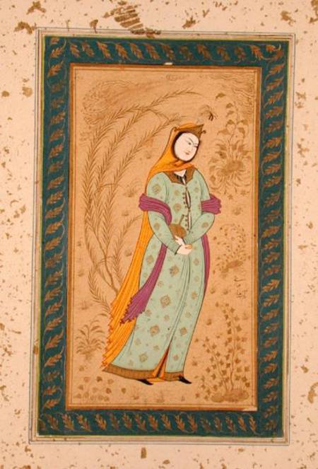 Girl holding a wine vessel and a pear, from the Large Clive Album de Persian School