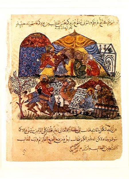 An old man and a young man in front of the tents of the rich pilgrims, from 'The Maqamat' (The Meeti de Persian School