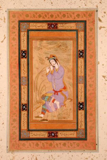 Seated girl curling her hair into ringlets, from the Large Clive Album de Persian School