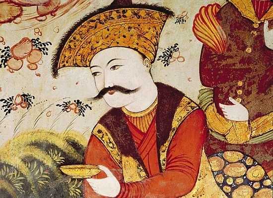Shah Abbas I (1588-1629) and a Courtier offering fruit and drink (detail of 155563 showing the head  de Persian School