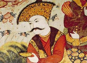 Shah Abbas I (1588-1629) and a Courtier offering fruit and drink (detail of 155563 showing the head 