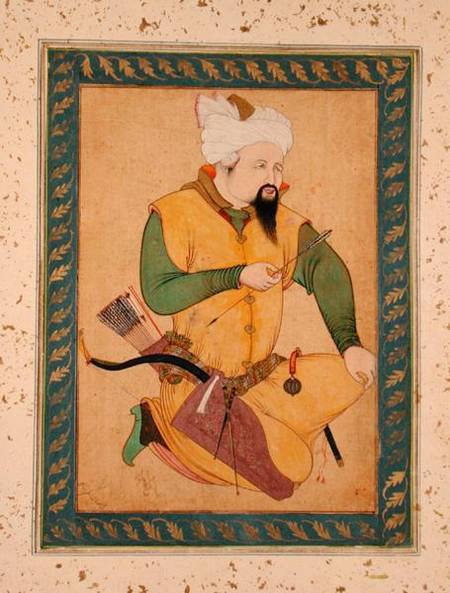 A Turkoman or Mongol Chief holding an Arrow, from the Large Clive Album de Persian School