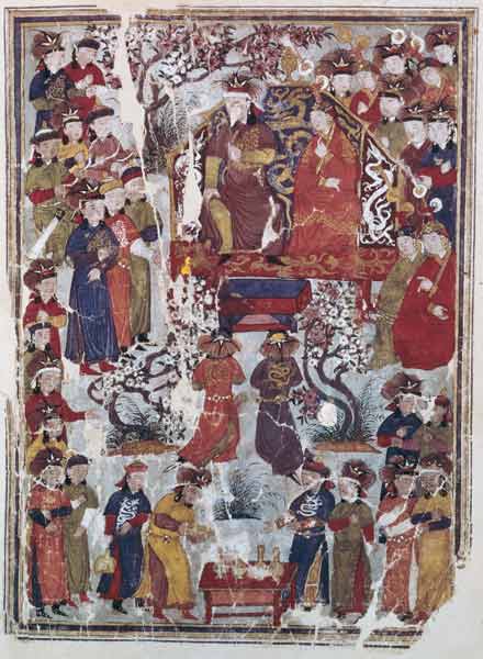 Ms. Supp. Pers. 113 f.44v Genghis Khan and his wife Bortei enthroned before courtiers de Persian School
