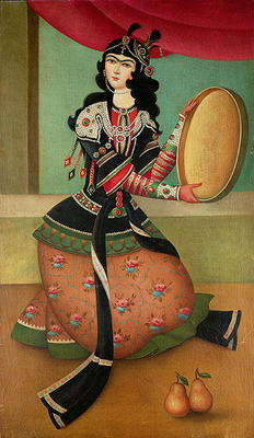 A Dancing Girl with a Tambourine, Qajar school (oil on canvas) de Persian School, (19th century)