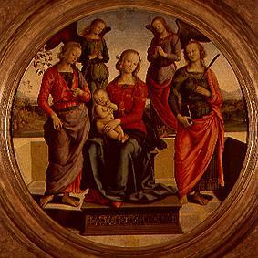 Madonna surrounded of angels and saints sitting en de Perugino (eigentl. Pierto di Cristoforo Vanucci)