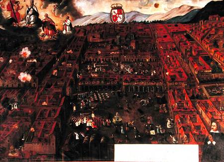 View of Cuzco at the time of the earthquake of 1650 de Peruvian School