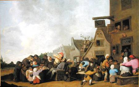 A Village Scene with a Dentist Pulling Teeth and Peasants Fighting Outside a Tavern de Peter de Bloot