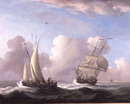 A Man-o'-War in a Swell and a Sailing Boat de Peter Monamy