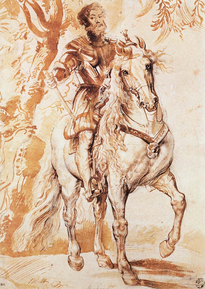 A Mounted Knight in Armour (pen and ink on paper) de Peter Paul Rubens