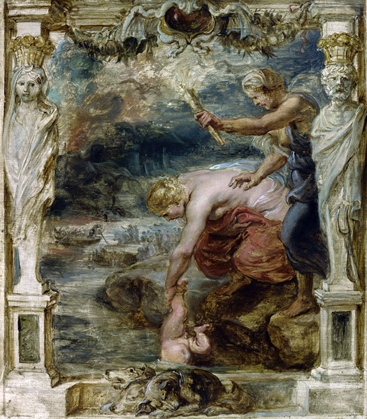 Thetis dipping the infant Achilles into the river Styx de Peter Paul Rubens
