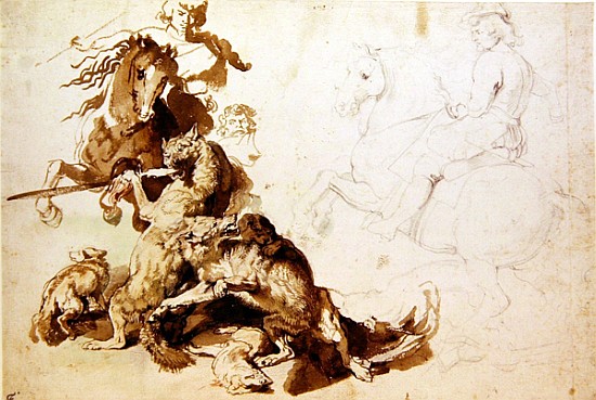 Sketch for a Wolf Hunt (pencil with w/c on paper) de Peter Paul Rubens