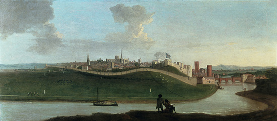 View of Chester, With Two Figures By The River In The Foreground de Peter Tillemans