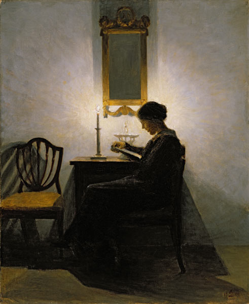 Woman reading by candlelight de Peter Vilhelm Ilsted