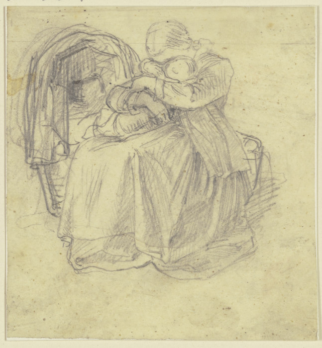 Ein Mädchen sitzt bei einer Wiege und hält mit beiden Armen umfaßt ein kleines Kind auf ihrem Schoß, de Philipp Rumpf