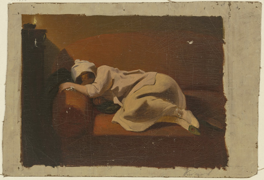 Schlafende Frau auf rotem Sofa de Philipp Winterwerb