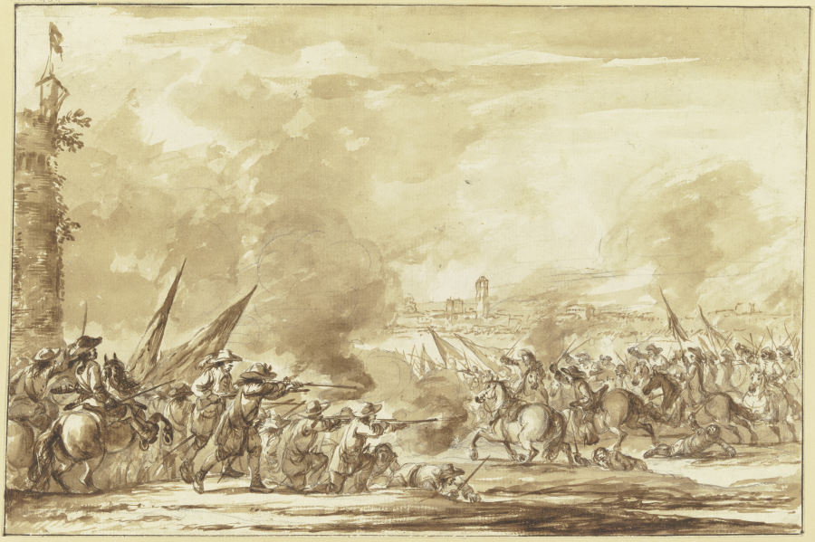 Reiterangriff auf Infanterie vor den Toren einer Stadt de Philippe-Jacques de Loutherbourg d. J.