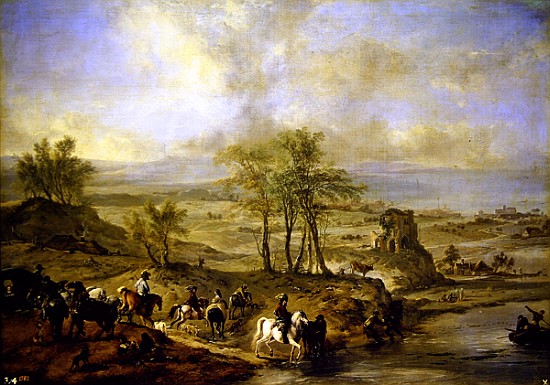 Departing for the hunt and fishing in the river de Philips Wouwermans or Wouwerman