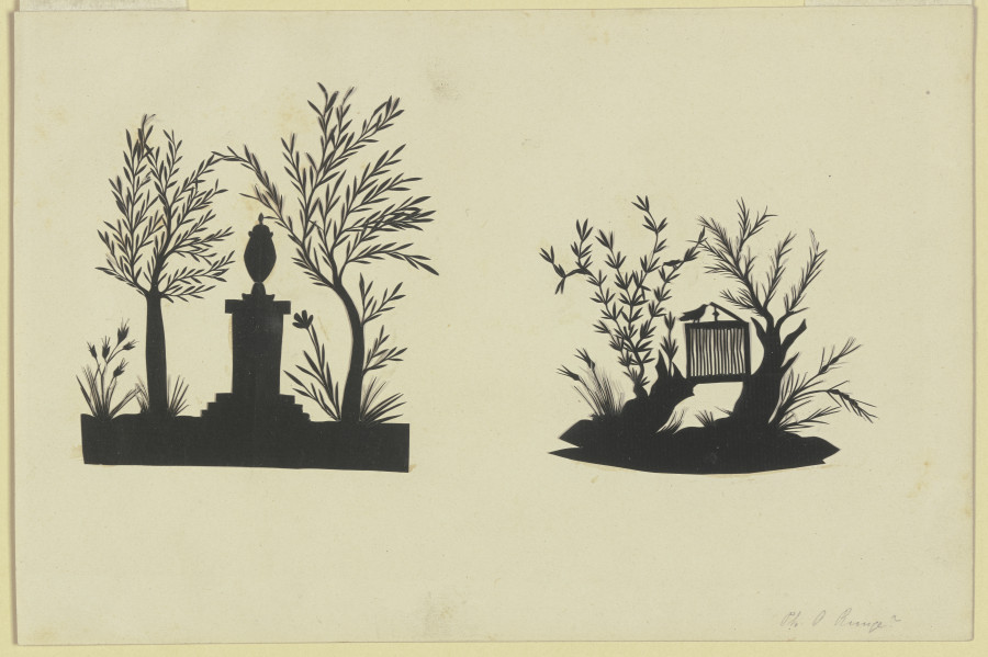 Altar mit antiker Vase und Vogelkäfig zwischen zwei Baumstümpfen de Phillip Otto Runge
