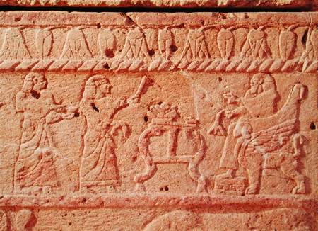 Relief depicting servants paying homage to the king, detail of the Sarcophagus of Ahiram, King of By de Phoenician