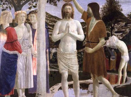 Baptism of Christ, detail of Christ, John the Baptist and angels de Piero della Francesca