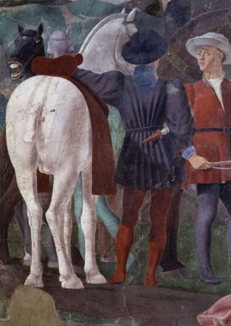 The Legend of the True Cross, the Reception of the Queen of Sheba by King Solomon, detail of two hor de Piero della Francesca