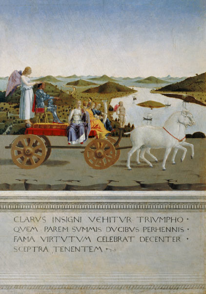 Von zwei Schimmeln gezog. Triumphwagen. Rückseite des Portr. Der Battista Sforza de Piero della Francesca