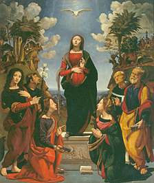 Mariae unbefleckte Empfängnis  umgeben von sechs Heiligen de Piero di Cosimo
