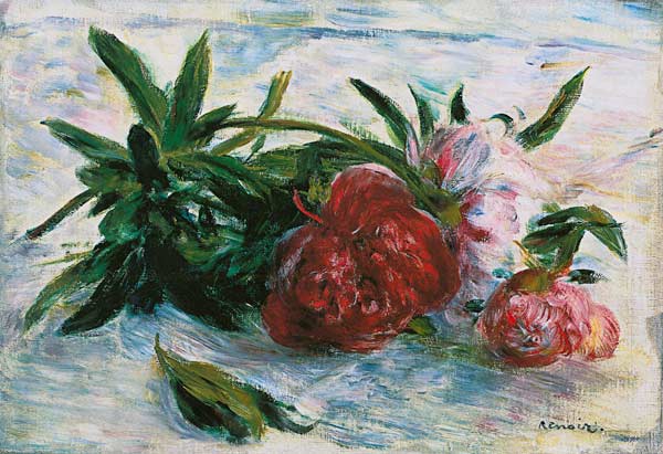 Päonien on a white tablecloth de Pierre-Auguste Renoir