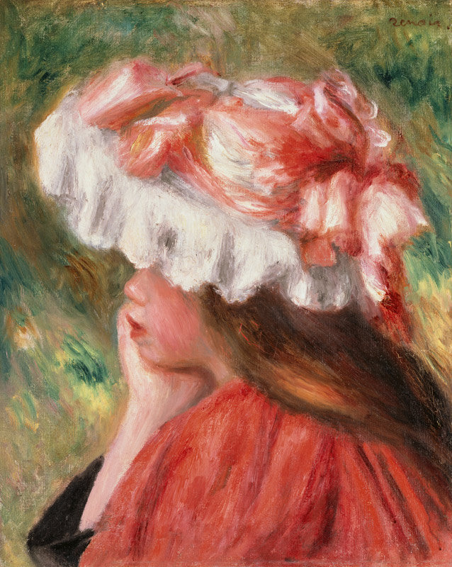 Junge Frau mit rotem Hut de Pierre-Auguste Renoir