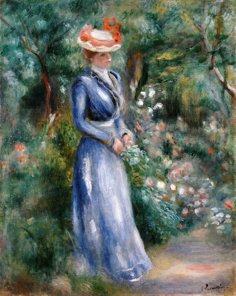 Woman In A  Blue Dress Standing In The Garden At Saint-Cloud de Pierre-Auguste Renoir