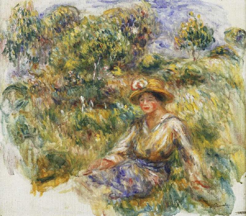 Frau mit blauem Hut auf einer Wiese (Femme en bleu en chapeau assise sur l'herbe) de Pierre-Auguste Renoir