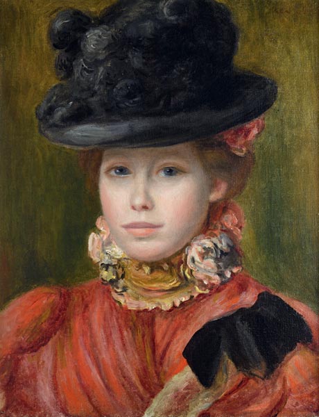 Chica con sombrero negro con flores rojas. de Pierre-Auguste Renoir
