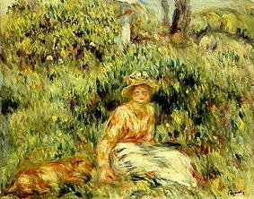 Girl with dog in front of a blossoming hedge de Pierre-Auguste Renoir