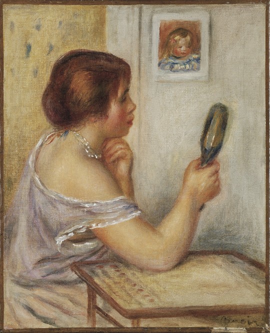 Marie Dupuis tenant un miroir avec un portrait de Coco de Pierre-Auguste Renoir