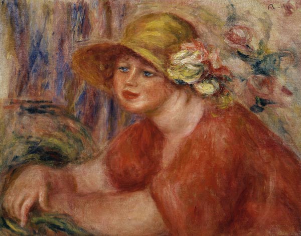 Portrait of a woman in a hat decorated with flowers de Pierre-Auguste Renoir