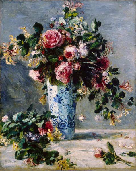 Roses and Jasmine in a Delft Vase de Pierre-Auguste Renoir