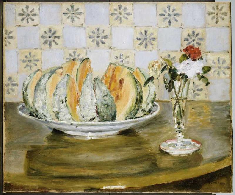 Stillleben mit Melone und einer Vase mit Blumen de Pierre-Auguste Renoir