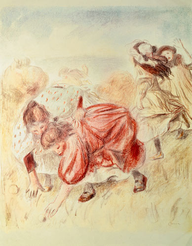 Young Girls Playing (coloured pencil) de Pierre-Auguste Renoir