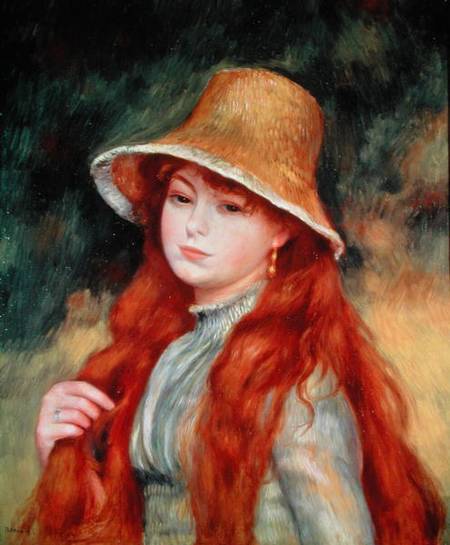 Young girl with long hair, or Young girl in a straw hat de Pierre-Auguste Renoir