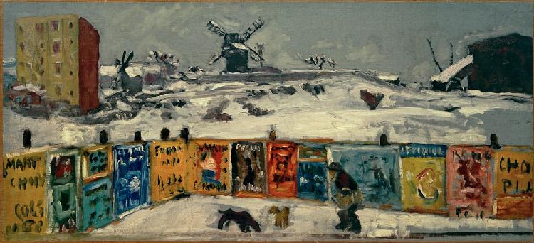 Bauzaun, mit Plakaten beklebt, und die alten Mühlen am Montmartre im Schnee de Pierre Bonnard
