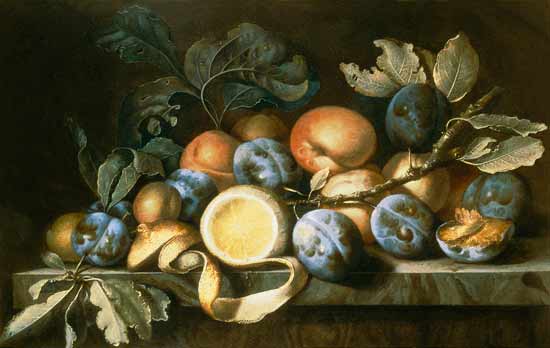 Still Life with Plums and a Peeled Lemon (one of a pair) de Pierre Dupuis