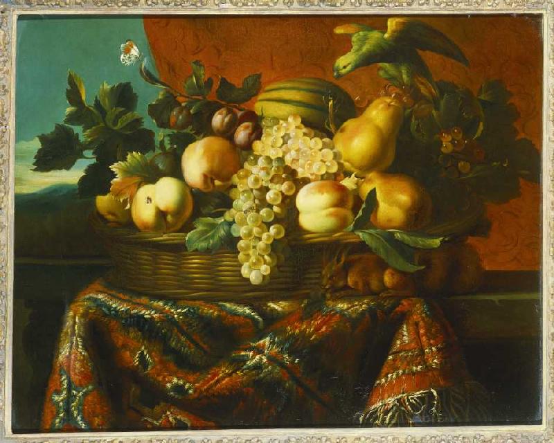 Stillleben mit Pfirsichen, Pflaumen und einer Melone. de Pierre Dupuis