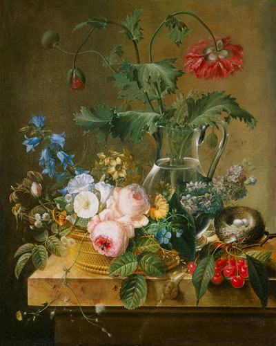 Roses, anemones in a glass vase, other flowers, cherries and bird's nest de Pierre Joseph Redouté