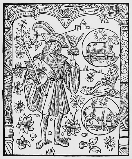 April, flowers, Aries, illustration from the ''Almanach des Bergers'', 1491 (xylograph) de Pierre Le Rouge