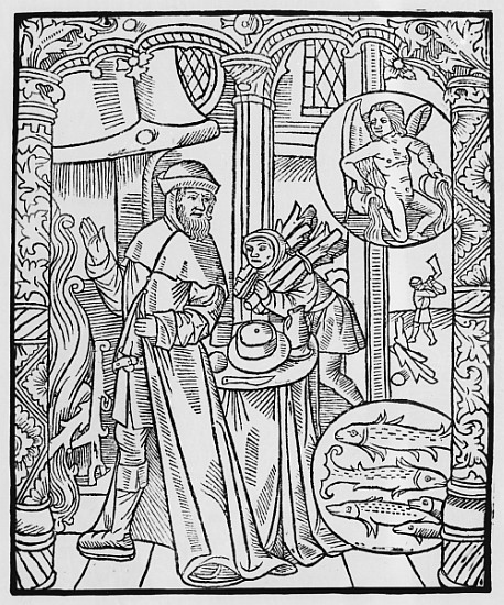 February, interior scene, Aquarius, illustration from the ''Almanach des Bergers'', 1491 (xylograph) de Pierre Le Rouge
