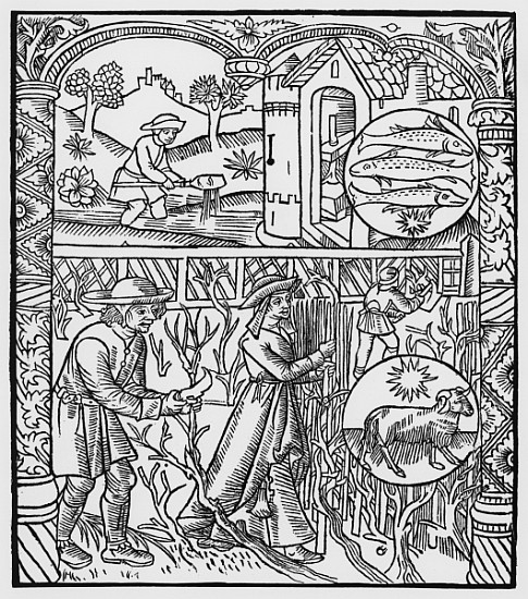 March, fishing and pruning trees, Pisces, illustration from the ''Almanach des Bergers'', 1491 (xylo de Pierre Le Rouge