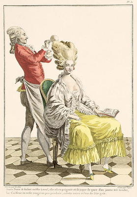 A Young Woman in a Peignoir with her Hairdresser, plate 31 from 'Galerie des Modes et Costumes Franc de Pierre Thomas Le Clerc