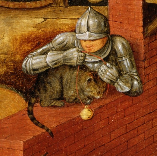 Knight putting a bell on a cat, detail from ''The Flemish Proverbs'' (detail of 67235) de Pieter Brueghel el Joven
